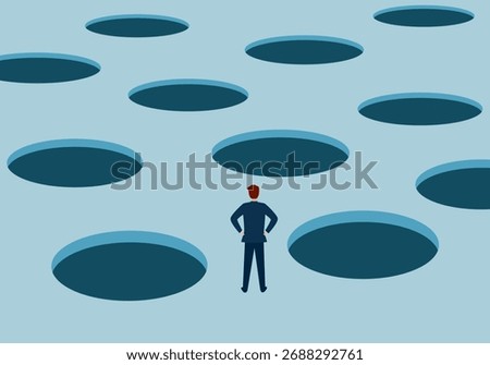 Pitfall concept as a vulnerable businessman facing risky business peril deep holes as an uncertainty stress idea
