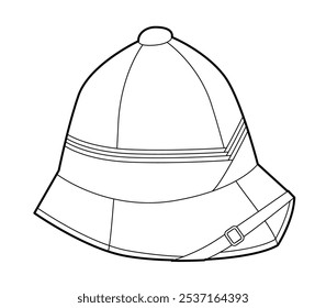 Pith Helmet. Safari Explorer Head Fashion accessory cap clothing technical illustration. Vector headgear for Men, women, unisex style, flat template CAD mockup sketch outline isolated