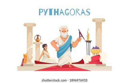 Pithagoras Composition With Doodle Character Of Ancient Greek Mathematician Pythagor With Columns Red Carpet And Text Vector Illustration