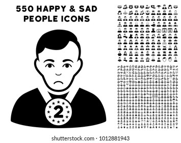 Pitiful 2nd Prizer Sportsman pictograph with 550 bonus pitiful and happy men icons. Vector illustration style is flat black iconic symbols.