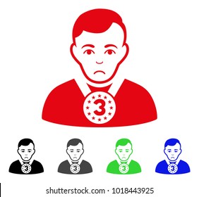 Pitiful 3rd Prizer Sportsman vector pictograph. Vector illustration style is a flat iconic 3rd prizer sportsman symbol with grey, black, blue, red, green color versions. Face has sadness emotion.