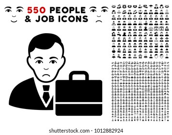 Pitiful Accounter icon with 550 bonus pity and happy user pictograms. Vector illustration style is flat black iconic symbols.