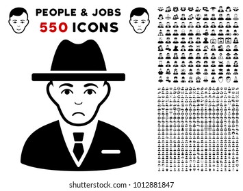 Pitiful Agent pictograph with 550 bonus pitiful and happy men images. Vector illustration style is flat black iconic symbols.