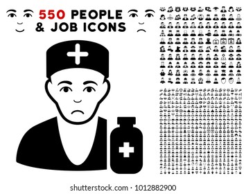 Pitiful Apothecary Doctor pictograph with 550 bonus pity and happy people graphic icons. Vector illustration style is flat black iconic symbols.