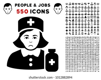 Pitiful Apothecary Lady pictograph with 550 bonus pity and happy user images. Vector illustration style is flat black iconic symbols.