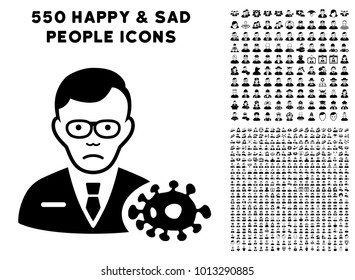 Pitiful Bacteriologist icon with 550 bonus pity and happy user pictograms. Vector illustration style is flat black iconic symbols.