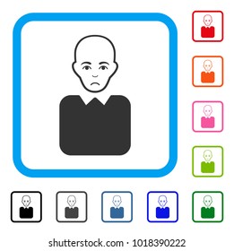 Pitiful Bald Bureaucrat vector pictograph. Person face has stress sentiment. Black, gray, green, blue, red, orange color versions of bald bureaucrat symbol inside a rounded squared frame.