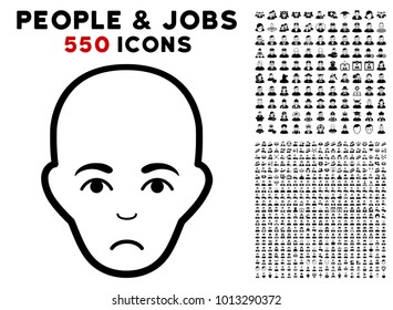 Pitiful Bald Head pictograph with 550 bonus sad and glad men icons. Vector illustration style is flat black iconic symbols.