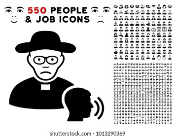 Pitiful Believer Confession pictograph with 550 bonus pitiful and happy people symbols. Vector illustration style is flat black iconic symbols.