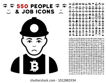 Pitiful Bitcoin Miner icon with 550 bonus pity and happy user symbols. Vector illustration style is flat black iconic symbols.