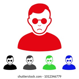 Pitiful Blind Man vector pictogram. Vector illustration style is a flat iconic blind man symbol with grey, black, blue, red, green color variants. Face has sadly emotions.