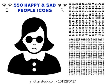 Pitiful Blind Woman pictograph with 550 bonus sad and happy user pictographs. Vector illustration style is flat black iconic symbols.