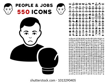 Pitiful Boxing Sportsman pictograph with 550 bonus pitiful and happy jobs images. Vector illustration style is flat black iconic symbols.