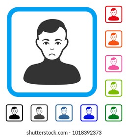 Pitiful Boy vector icon. Human face has sad sentiment. Black, gray, green, blue, red, orange color versions of boy symbol in a rounded rectangular frame.