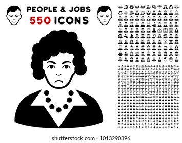 Pitiful Brunette Lady icon with 550 bonus pitiful and happy people design elements. Vector illustration style is flat black iconic symbols.