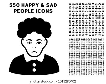 Pitiful Brunette Woman icon with 550 bonus sad and glad people pictures. Vector illustration style is flat black iconic symbols.