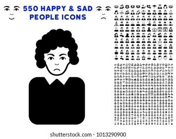 Pitiful Bureaucrat Lady pictograph with 550 bonus pity and glad men icons. Vector illustration style is flat black iconic symbols.