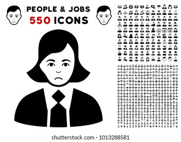 Pitiful Business Woman icon with 550 bonus sad and happy men pictures. Vector illustration style is flat black iconic symbols.