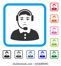 Pitiful Call Center Operator vector icon. Human face has affliction feeling. Black, grey, green, blue, red, orange color variants of call center operator symbol in a rounded rectangular frame.