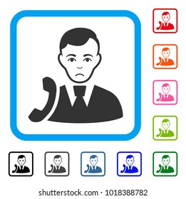 Pitiful Call Manager vector pictograph. Person face has affliction sentiment. Black, grey, green, blue, red, orange color versions of call manager symbol in a rounded rectangular frame.