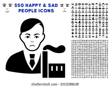 Pitiful Capitalist Oligarch icon with 550 bonus sad and glad person pictographs. Vector illustration style is flat black iconic symbols.