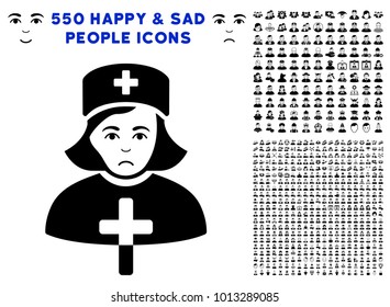 Pitiful Catholic Lady Doctor pictograph with 550 bonus sad and happy jobs icons. Vector illustration style is flat black iconic symbols.