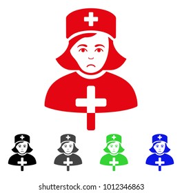 Pitiful Catholic Lady Doctor vector icon. Vector illustration style is a flat iconic catholic lady doctor symbol with grey, black, blue, red, green color variants. Face has depression emotion.