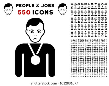 Pitiful Champion icon with 550 bonus sad and happy people symbols. Vector illustration style is flat black iconic symbols.