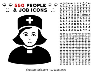 Pitiful Church Female Doctor icon with 550 bonus pity and happy user pictographs. Vector illustration style is flat black iconic symbols.