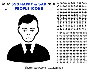 Pitiful Clerk Guy pictograph with 550 bonus sad and glad jobs images. Vector illustration style is flat black iconic symbols.