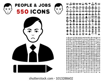 Pitiful Clerk icon with 550 bonus sad and happy people clip art. Vector illustration style is flat black iconic symbols.