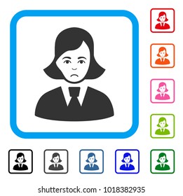 Pitiful Clerk Lady vector pictogram. Person face has grief mood. Black, grey, green, blue, red, orange color variants of clerk lady symbol inside a rounded frame.