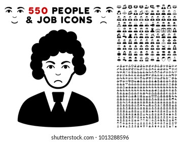 Pitiful Clerk Woman icon with 550 bonus sad and glad jobs symbols. Vector illustration style is flat black iconic symbols.