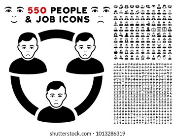 Pitiful Connected Social Members icon with 550 bonus sad and glad men pictograms. Vector illustration style is flat black iconic symbols.