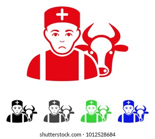 Pitiful Cow Veterinarian vector pictogram. Vector illustration style is a flat iconic cow veterinarian symbol with grey, black, blue, red, green color variants. Face has affliction emotion.