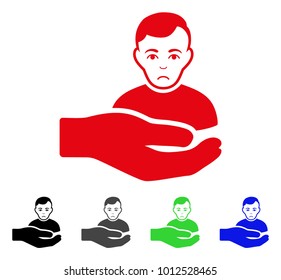 Pitiful Customer Support Hand vector pictograph. Vector illustration style is a flat iconic customer support hand symbol with grey, black, blue, red, green color variants. Face has mourning mood.