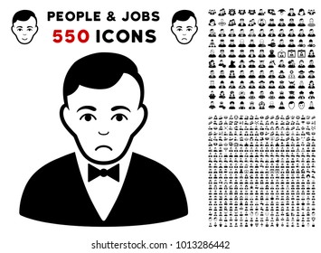 Pitiful Dealer icon with 550 bonus pity and happy men pictograms. Vector illustration style is flat black iconic symbols.