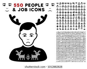 Pitiful Deers Pullover Horned Husband icon with 550 bonus sad and happy jobs pictures. Vector illustration style is flat black iconic symbols.