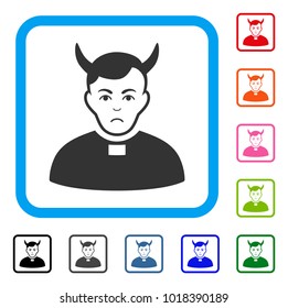 Pitiful Devil Priest vector pictogram. Person face has depressed feeling. Black, grey, green, blue, red, orange color variants of devil priest symbol in a rounded rectangular frame.