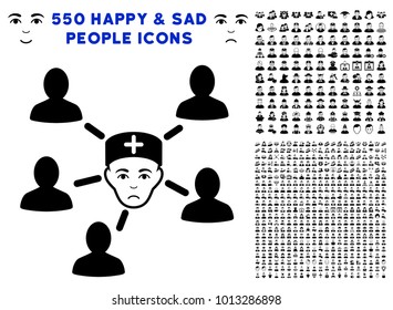 Pitiful Doctor Linked Patients pictograph with 550 bonus pitiful and happy people images. Vector illustration style is flat black iconic symbols.