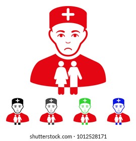 Pitiful Family Doctor vector icon. Vector illustration style is a flat iconic family doctor symbol with grey, black, blue, red, green color variants. Face has pitiful feeling.