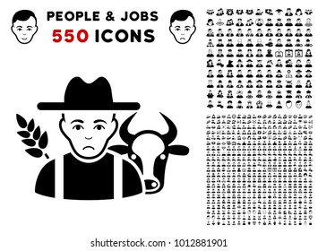 Pitiful Farmer icon with 550 bonus sad and glad men symbols. Vector illustration style is flat black iconic symbols.