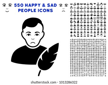 Pitiful Feather Writer icon with 550 bonus sad and glad user icons. Vector illustration style is flat black iconic symbols.