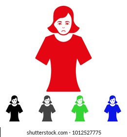 Pitiful Female vector pictogram. Vector illustration style is a flat iconic female symbol with grey, black, blue, red, green color variants. Face has problem emotion.