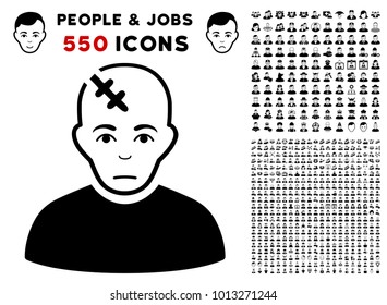 Pitiful Head Hurt icon with 550 bonus pity and happy person symbols. Vector illustration style is flat black iconic symbols.