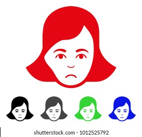 Pitiful Lady Face vector pictogram. Vector illustration style is a flat iconic lady face symbol with gray, black, blue, red, green color variants. Face has pitiful expression.