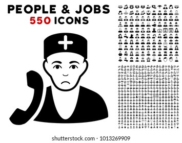 Pitiful Medical Receptionist icon with 550 bonus sad and happy person symbols. Vector illustration style is flat black iconic symbols.