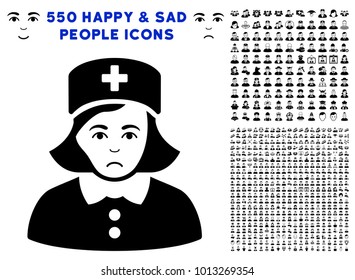 Pitiful Nurse pictograph with 550 bonus pity and happy people pictograms. Vector illustration style is flat black iconic symbols.