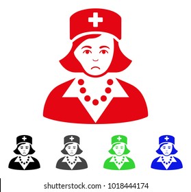 Pitiful Nurse vector pictograph. Vector illustration style is a flat iconic nurse symbol with gray, black, blue, red, green color variants. Face has stress expression.