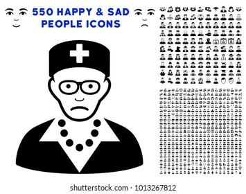 Pitiful Old Nurse pictograph with 550 bonus sad and happy person images. Vector illustration style is flat black iconic symbols.